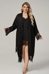 Curveins Plus Size Lace Detail Top and Skirt Sleepwear Set, Sophisticated Comfortable Nightwear