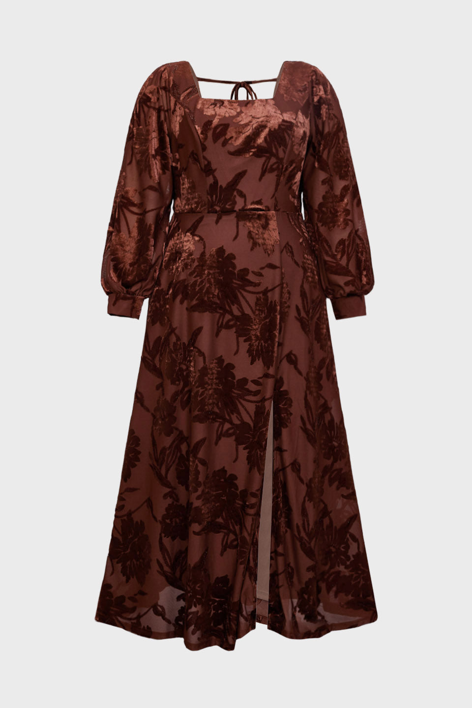 Curveins Plus Size Elegant Square Neck Long Sleeve Floral Print Velvet Split Maxi Dress