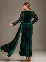 Curveins Plus Size Velvet Sequin V-Neck Long Sleeve Bodycon Maxi Dress