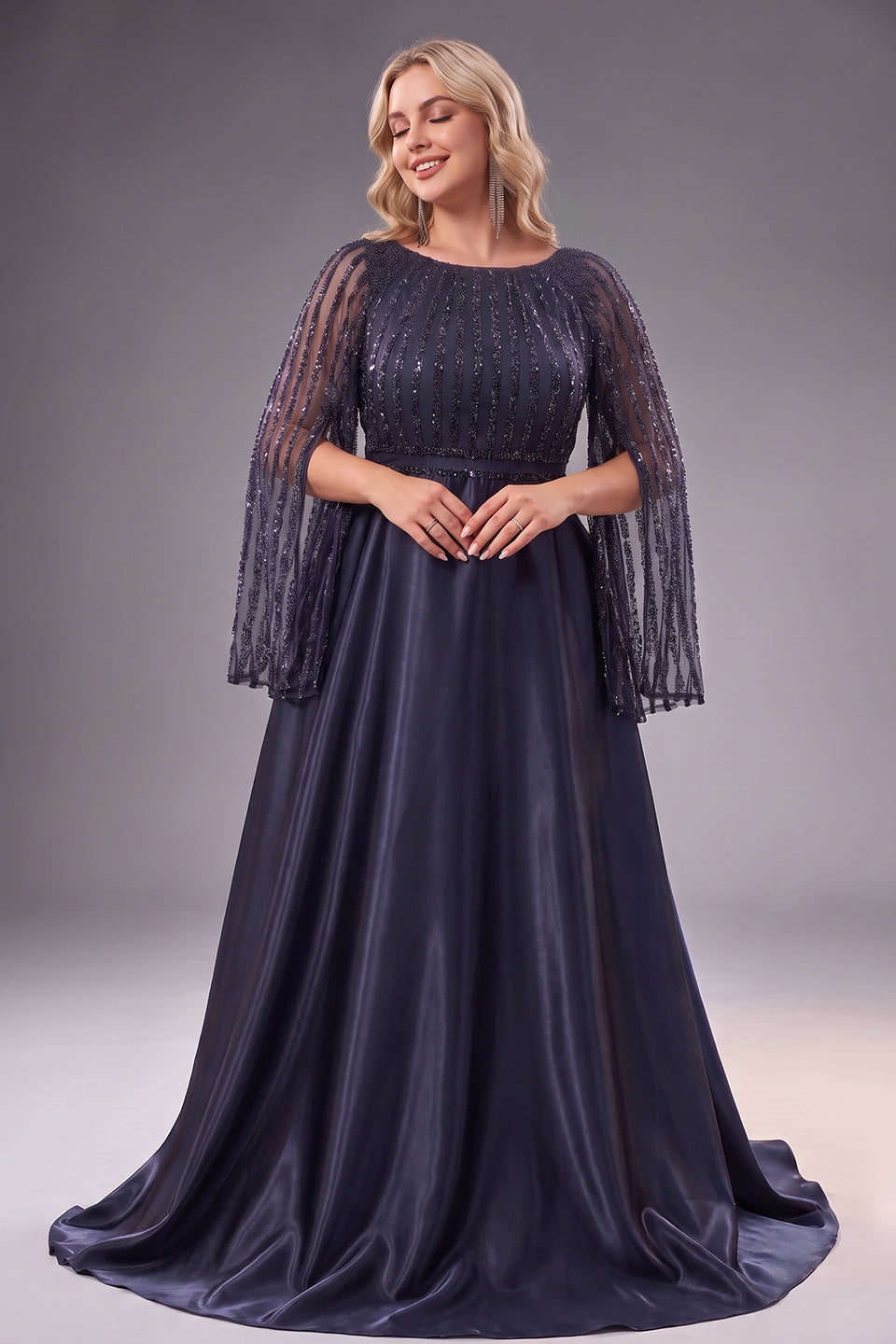 Curveins Plus Size Crew Neck Long Sleeve Sequin Panelled Elegant Evening Maxi Dress