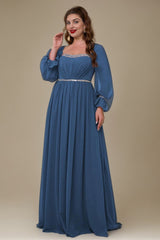 Curveins Plus Size Square Neck Long Sleeve Maxi Dress with Ruched Waist