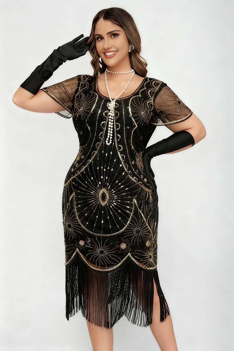 Curveins 1920s Black Daisy Plus Size Vintage Beaded Tassel Flapper Dress