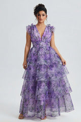 Curveins Plus Size V-Neck Sleeveless Floral Tiered Maxi Dress with Decorative Shoulder Detail