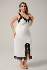 Curveins Plus Size Lace Strap Side-Slit Cami Nightdress with Lace Trim, Elegant Flirty Sleepwear