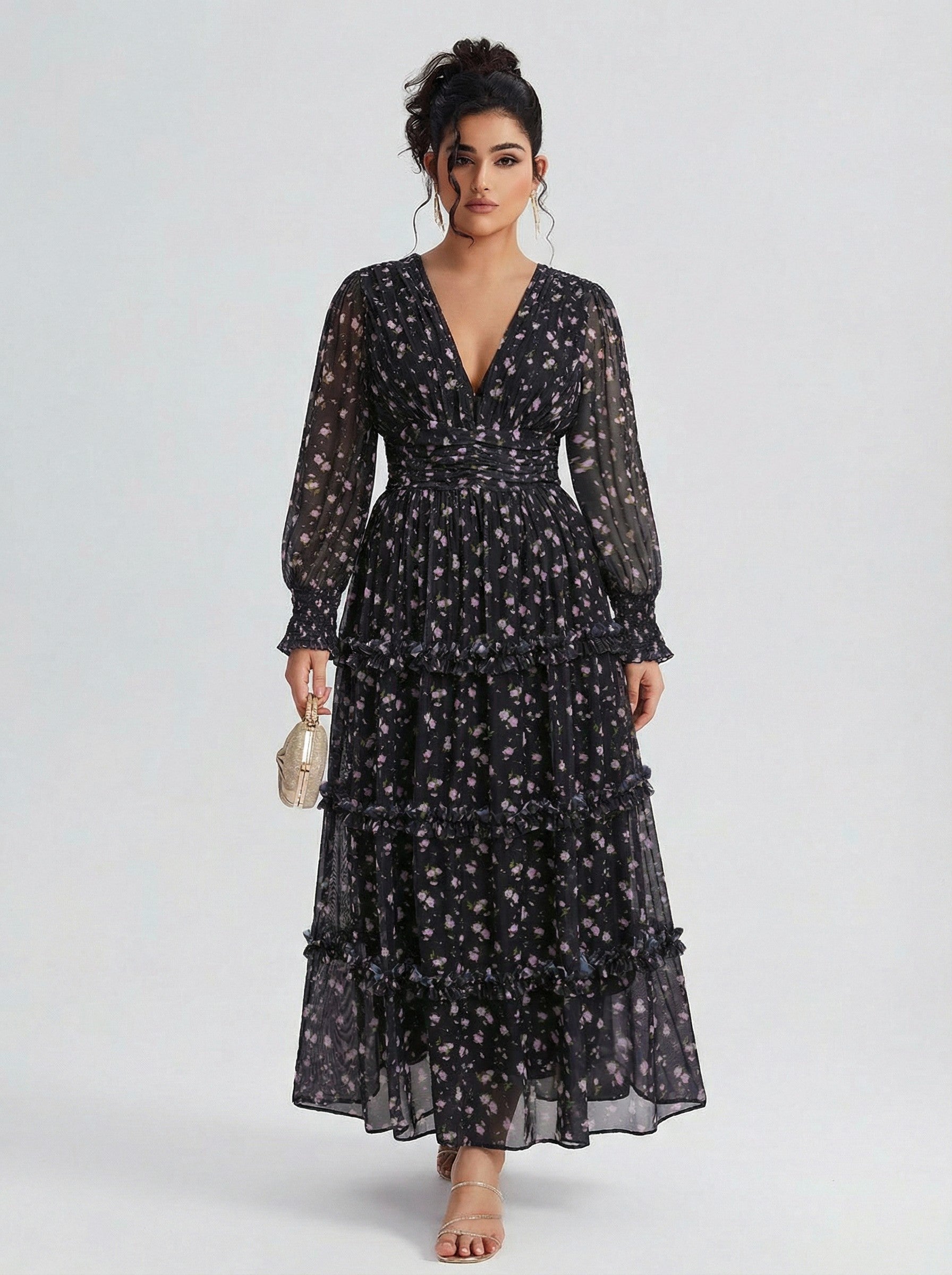 Curveins Plus Size V Neck Long Sleeve Floral Tiered Maxi Dress