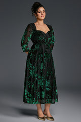 Curveins Plus Size V-Neck Three Quarter Sleeve Patterned Velvet Maxi Dress