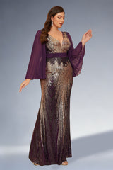 Curveins Plus Size Sparkling V-Neck Batwing Long-Sleeve Curve-Fit Maxi Dress