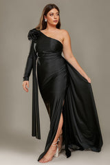 Curveins Plus Size Elegant One Shoulder 3D Floral Sash Detail High Slit Bodycon Maxi Dress