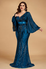 Curveins Plus Size V-Neck Flared Sleeve Shimmer Bodycon Maxi Dress