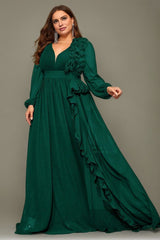 Curveins Plus Size V-Neck Chiffon Maxi Dress with Floral Lantern Sleeves