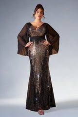 Curveins Plus Size Sparkling V-Neck Batwing Long-Sleeve Curve-Fit Maxi Dress