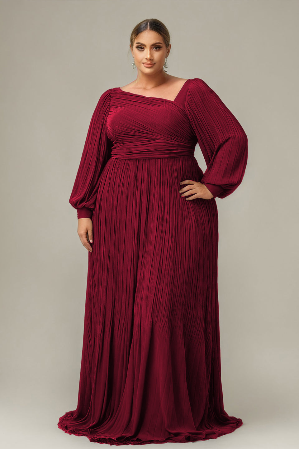 Curveins Plus Size Cross Neck Lantern Sleeve Waist Slim Maxi Dress