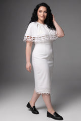 Curveins Plus Size Round Neck Hollow Lace Cape Overlay Bodycon Midi Dress