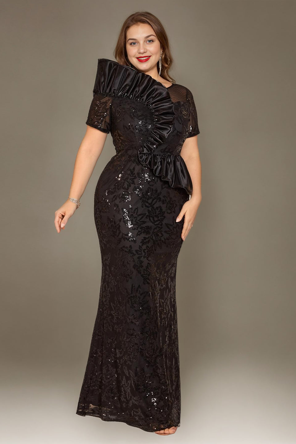 Curveins Plus Size Short Sleeve Bodycon Sequin Floral Pattern Maxi Dress