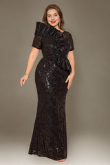 Curveins Plus Size Short Sleeve Bodycon Sequin Floral Pattern Maxi Dress