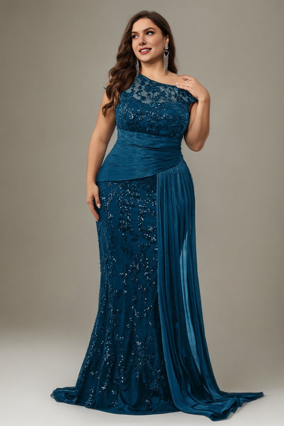 Curveins Plus Size One Shoulder Sleeveless Embroidered Sequin Patchwork Bodycon Maxi Dress