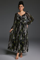 Curveins Plus Size Velvet Lantern Sleeve Plain Maxi Dress