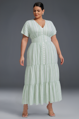 Curveins Plus Size V-Neck Striped Short Sleeve Pleated Maxi Dress