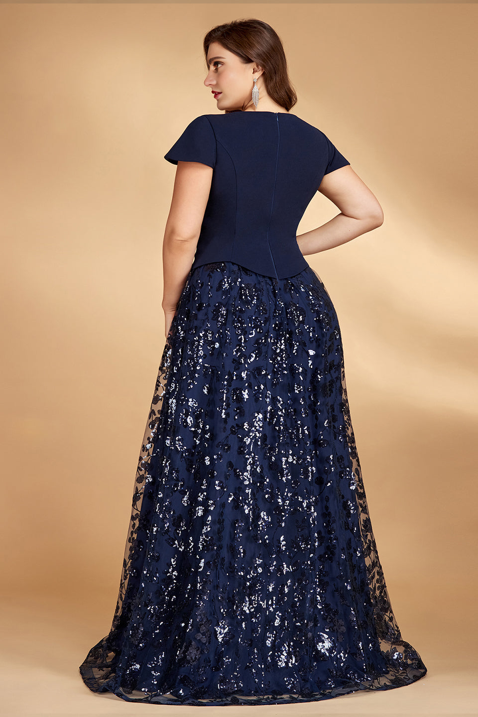 Curveins Plus Size V Neck Short Sleeve Sequin Patchwork Cinched Waist Floral Maxi Dress