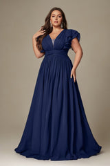 Curveins Plus Size V-Neck Ruffle Sleeve Split A-Line Maxi Dress