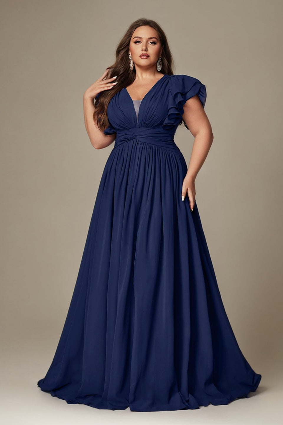 Curveins Plus Size V-Neck Ruffle Sleeve Split A-Line Maxi Dress
