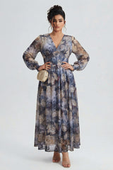 Curveins Plus Size V Neck Long Sleeve Floral Waist Maxi Dress