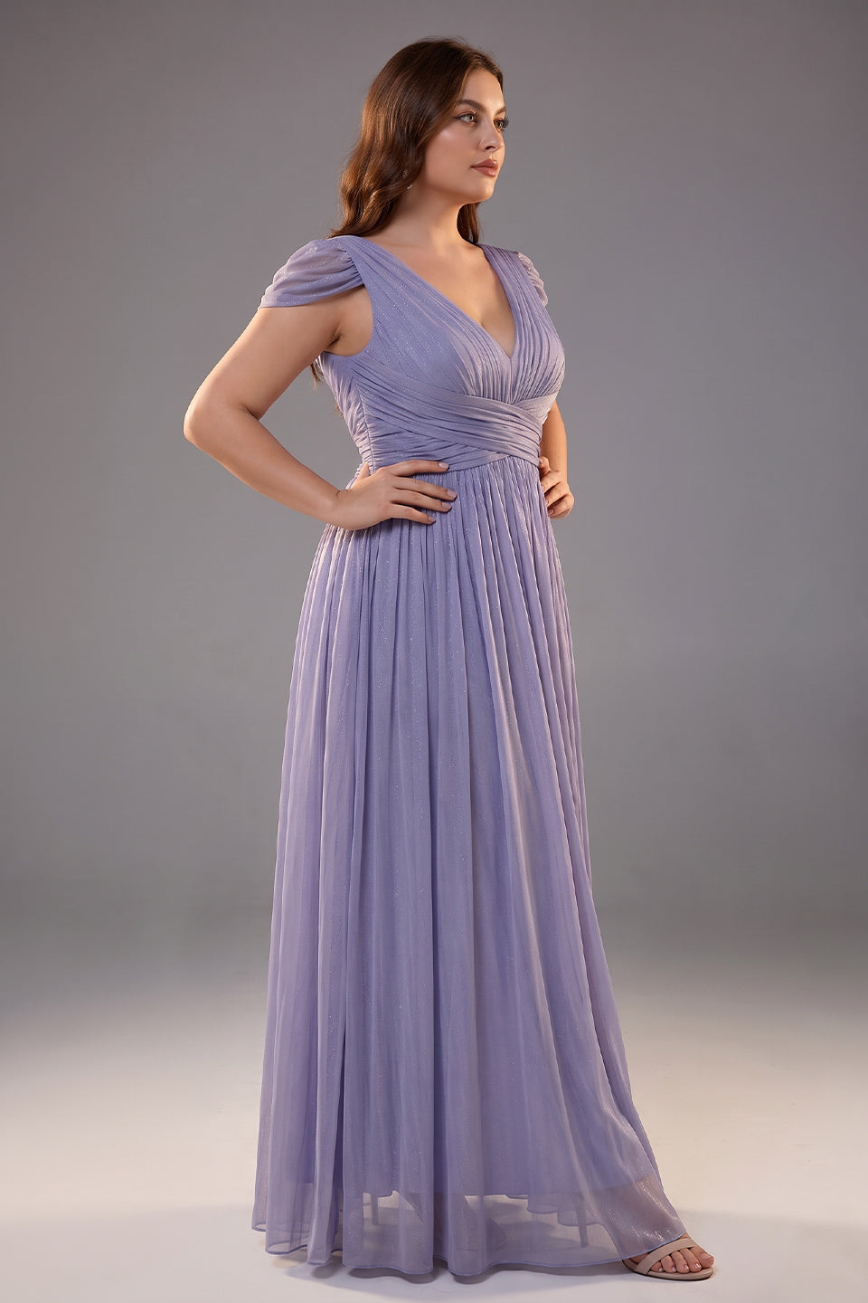Curveins Plus Size V Neck Short Sleeve Cinched Waist Elegant Maxi Dress