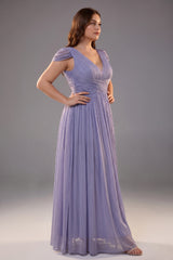 Curveins Plus Size V Neck Short Sleeve Cinched Waist Elegant Maxi Dress
