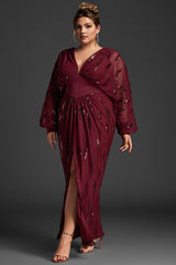 Curveins Plus Size V Neck Sequins Lantern Sleeve Slit Mesh Dress