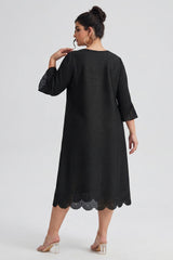 Curveins Plus Size Round Neck Fringe Detail Elegant Loose Pleated Midi Dress