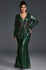 Curveins Plus Size V-Neck Long Sleeve Spider Web Sequin Bodycon Maxi Dress