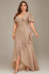 Curveins Plus Size V-Neck Short Sleeve Sequin Ruffle Slit Evening Gown