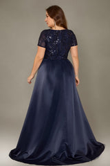 Curveins Plus Size Square Neck Short Sleeve Sequin Waist Defining Belted Maxi Dress