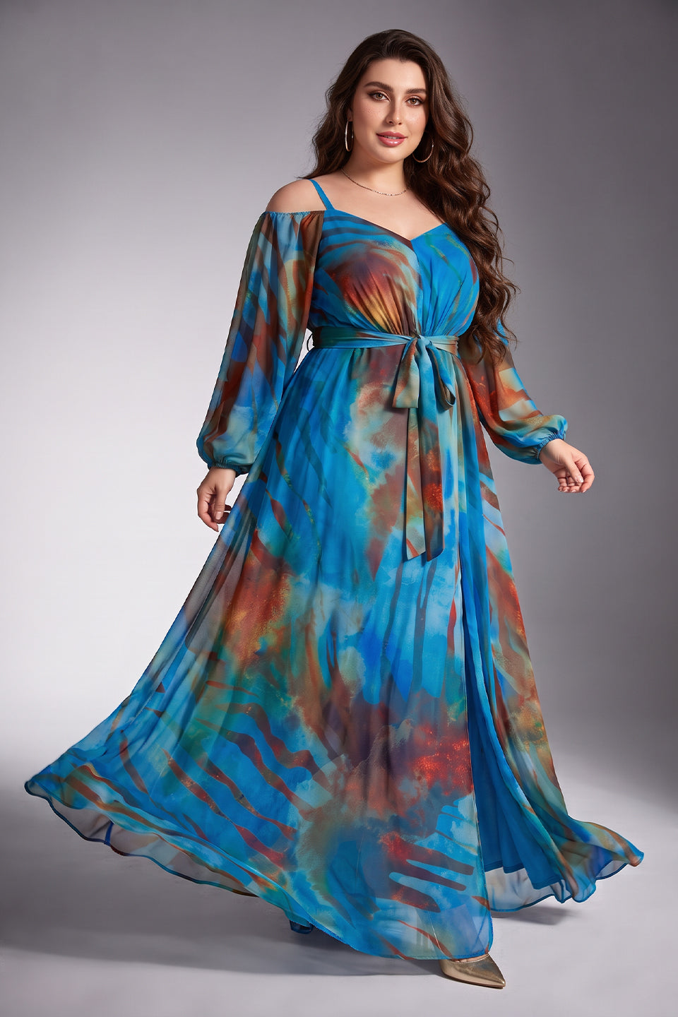 Curveins Plus Size Spaghetti Strap Off Shoulder Puff Sleeve Elegant Maxi Dress