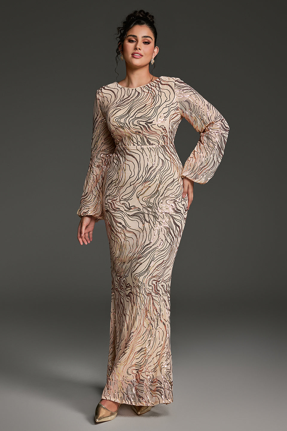 Curveins Plus Size Round Neck Puff Sleeve Striped Sequin Bodycon Maxi Dress