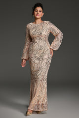Curveins Plus Size Round Neck Puff Sleeve Striped Sequin Bodycon Maxi Dress