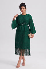 Curveins Plus Size Crew Neck Long Sleeve Stretch Fringe Hem Belted Midi Dress