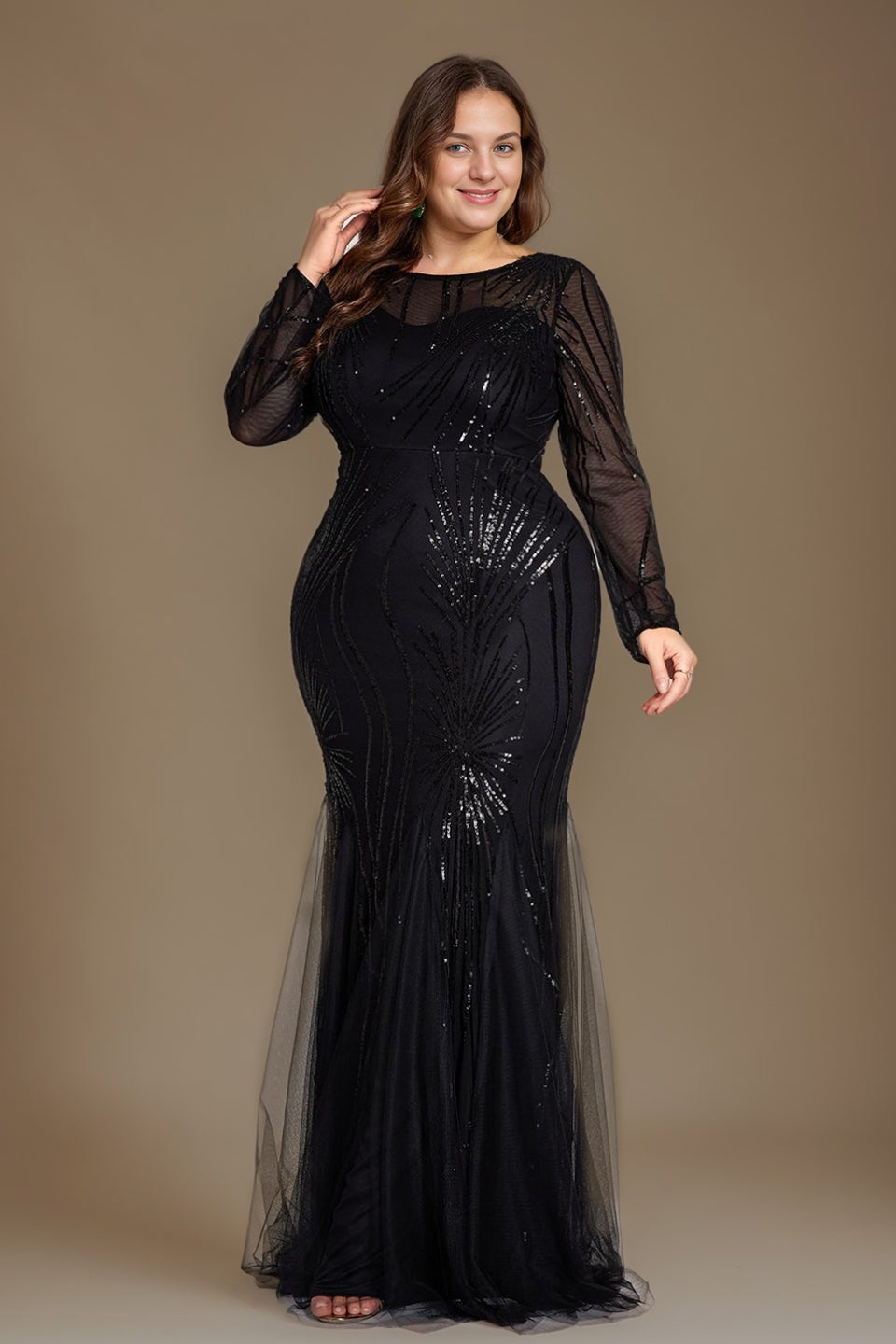 Curveins Plus Size Round Neck Long Sleeve Sequin Bodycon Maxi Dress