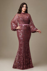 Curveins Plus Size High Neck Lantern Sleeve Embroidered Bodycon Maxi Dress