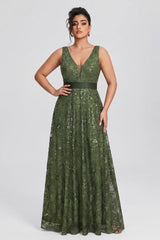 Curveins Plus Size Sleeveless Sequin Ruched Waist Elegant Sparkly Evening Maxi Dress