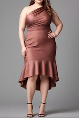 Curveins Plus Size Satin One-Shoulder Ruched Formal Midi Dress