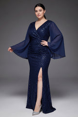 Curveins Plus Size V Neck Long Sleeve Sequin Bodycon High Slit Elegant Maxi Dress