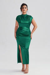 Curveins Plus Size Satin High-Waisted Ruched Slit Maxi Dress