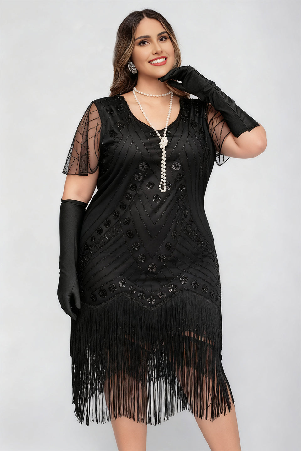 Curveins 1920s Black Stella Plus Size Sequin Fringe Flapper Gatsby Dress