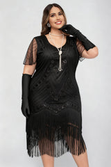 Curveins 1920s Black Stella Plus Size Sequin Fringe Flapper Gatsby Dress