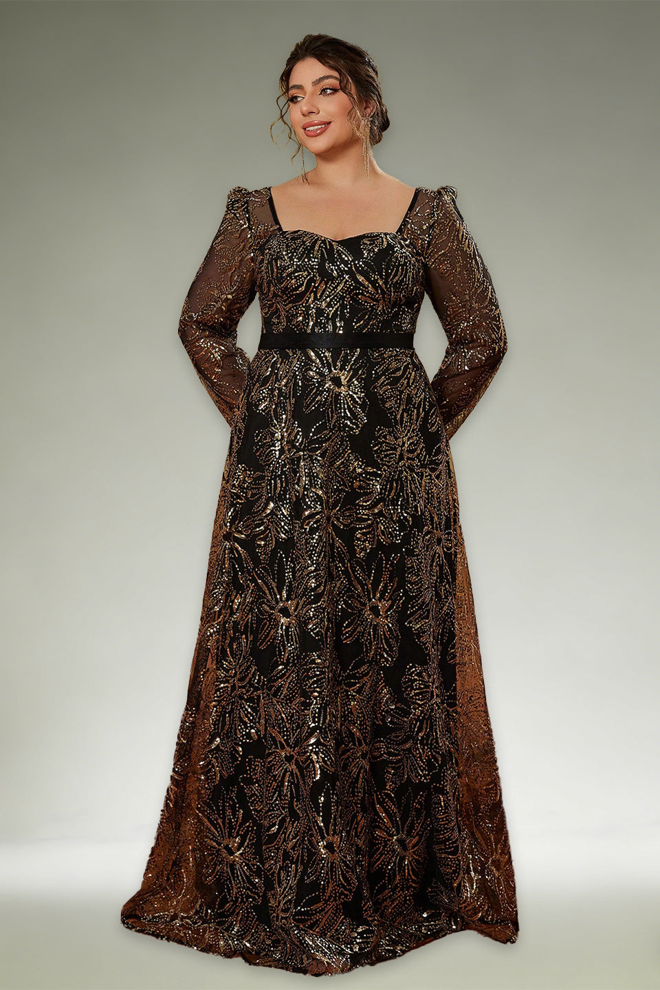 Curveins Plus Size Square Neck Long Sleeve Waist-Defined Sequin Pattern Dress