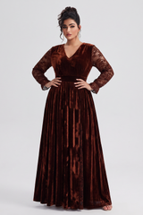 Curveins Plus Size Elegant V Neck Long Sleeve Ruched Waist Flowy Maxi Dress