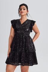 Curveins Plus Size Flutter Sleeve Patchwork Sequin Dress