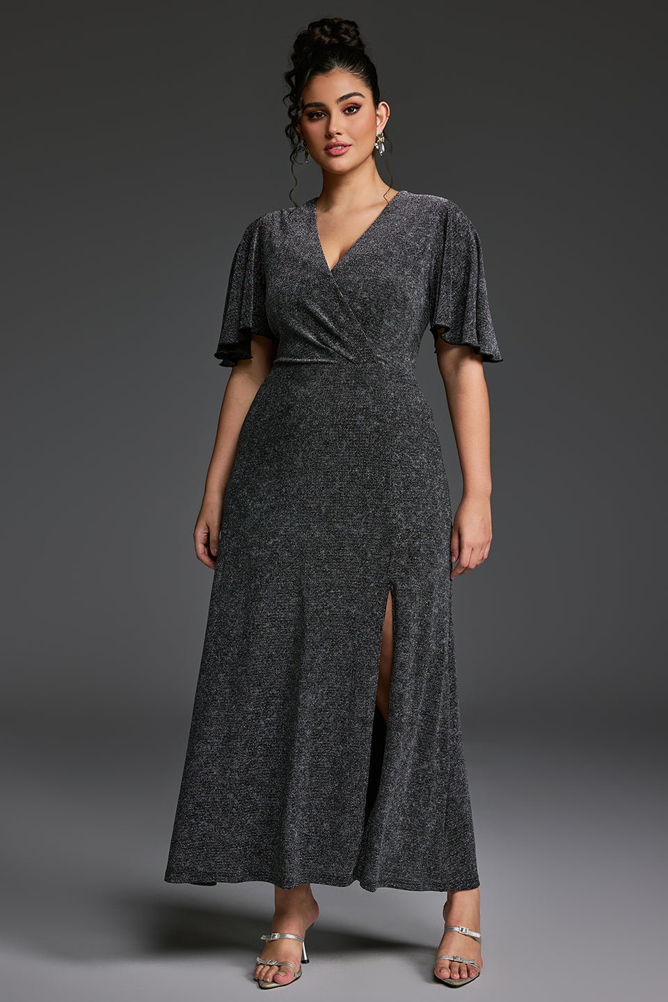 Curveins Plus Size V-Neck Ruffle Sleeve Maxi Dress