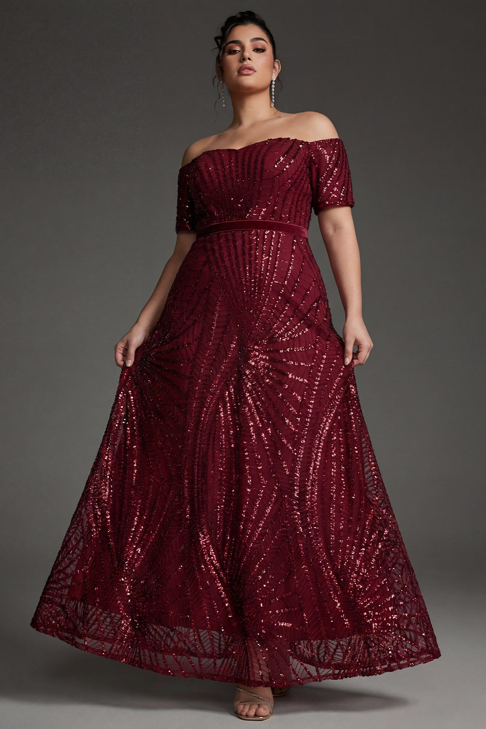 Curveins Plus Size Off-Shoulder Waist Cinched Striped Sequin Maxi Evening Dress